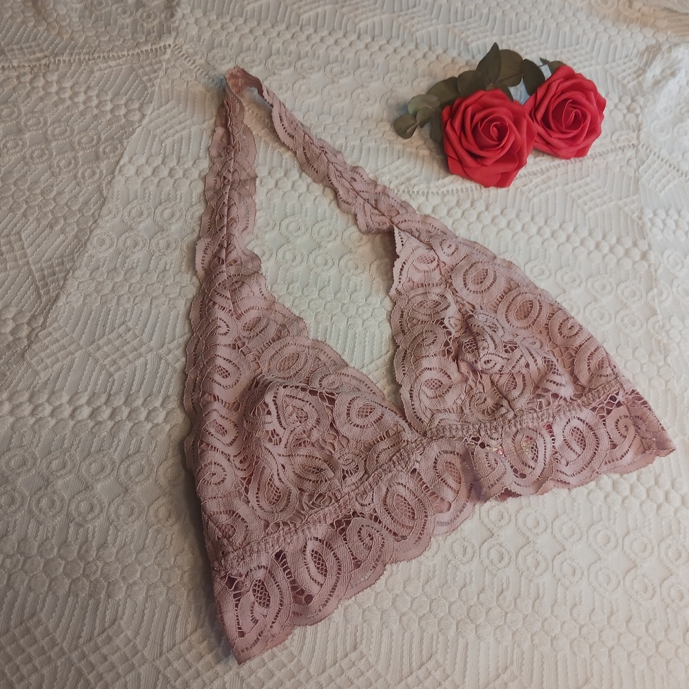 Pink Lace Halter Bralette Size: S Color:pink